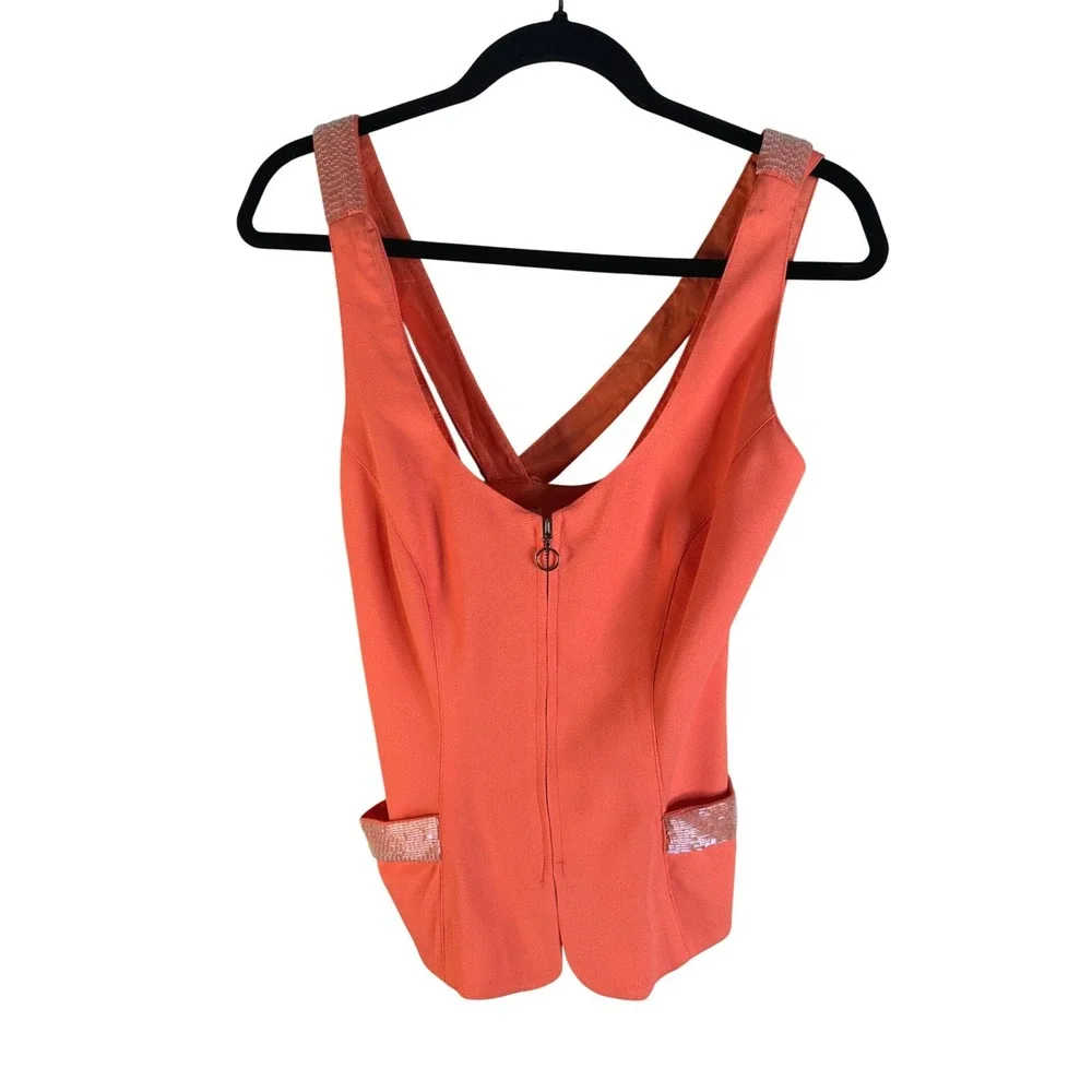 AJ Bari Women's Orange Beaded Crisscross Zip Front Vest Top Size 6